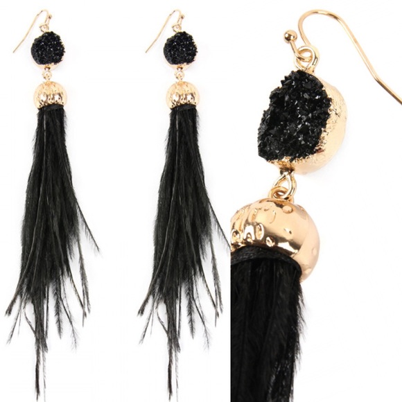 Amy Rey Jewelry - BLACK DRUZY STONE WITH OSTRICH FEATHER EARRINGS